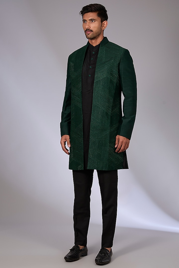 Bottle Green Silk Wedding Indowestern Set by Dhruv Vaish at Pernia's Pop Up Shop