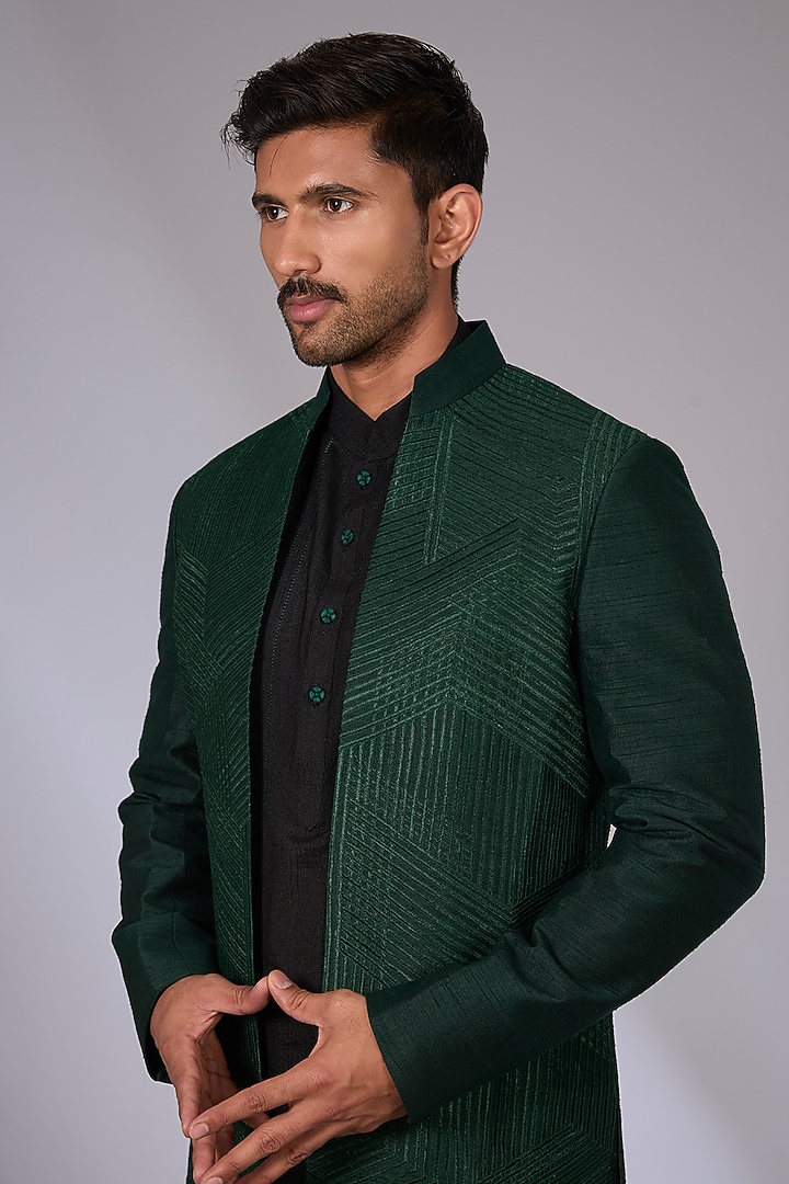Bottle Green Silk Wedding Indowestern Set by Dhruv Vaish at Pernia's Pop Up Shop