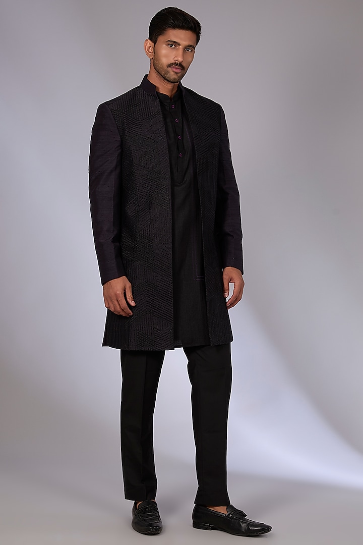 Oxidised Purple Silk Wedding Indowestern Set by Dhruv Vaish at Pernia's Pop Up Shop