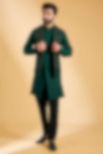 Bottle Green Silk Bundi Jacket Set by Dhruv Vaish at Pernia's Pop Up Shop