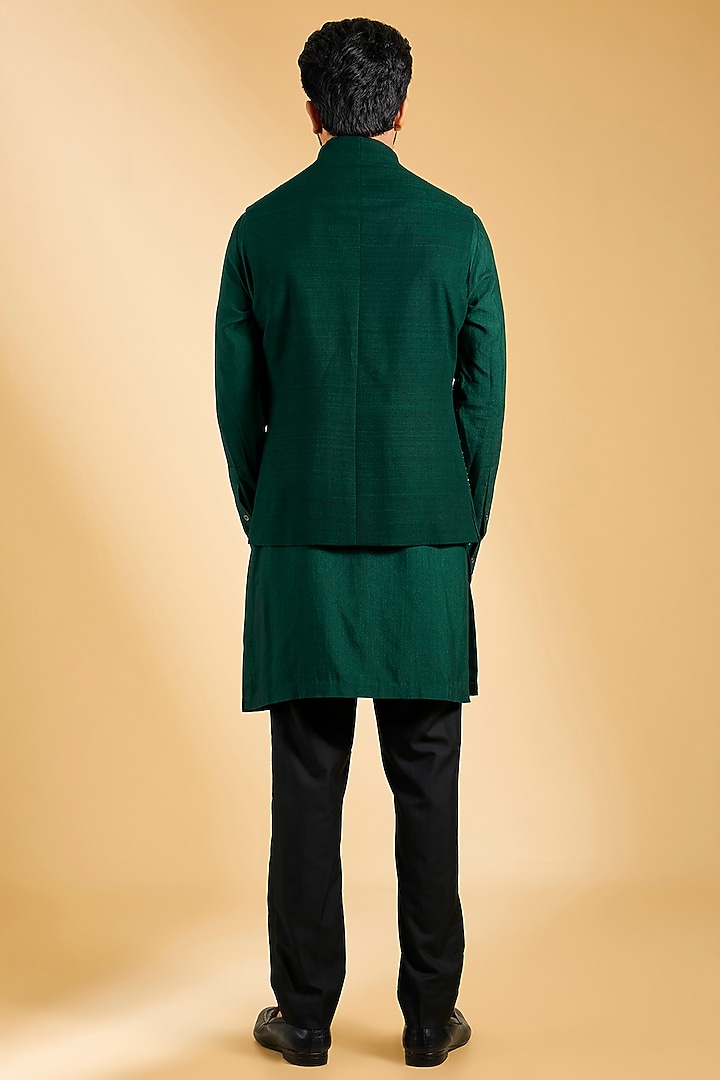 Bottle Green Silk Bundi Jacket Set by Dhruv Vaish at Pernia's Pop Up Shop