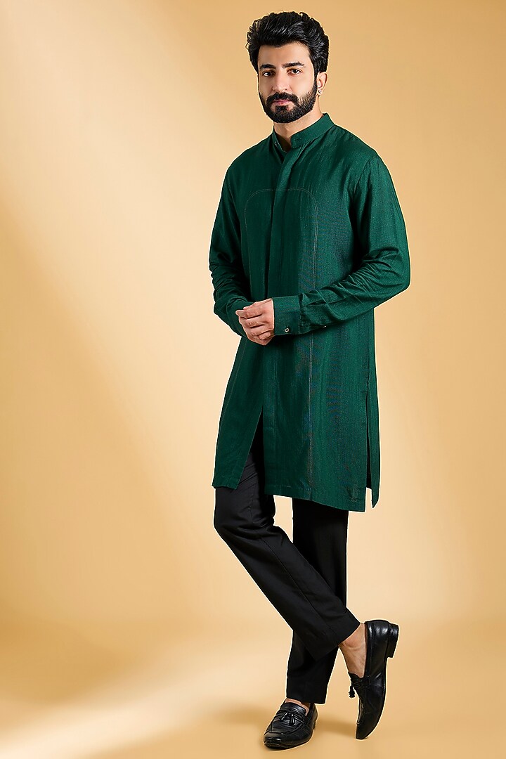 Bottle Green Silk Bundi Jacket Set by Dhruv Vaish at Pernia's Pop Up Shop