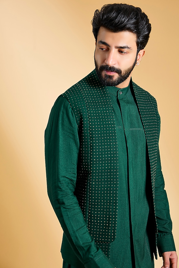 Bottle Green Silk Bundi Jacket Set by Dhruv Vaish at Pernia's Pop Up Shop