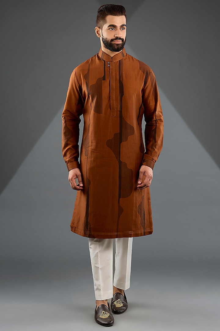 Burnt Orange Silk Kurta Set by Dhruv Vaish