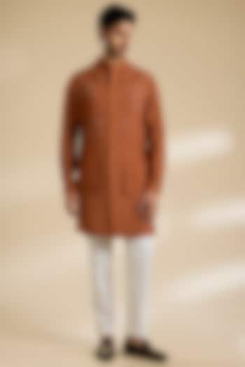 Burnt Orange Silk Kurta Set by Dhruv Vaish