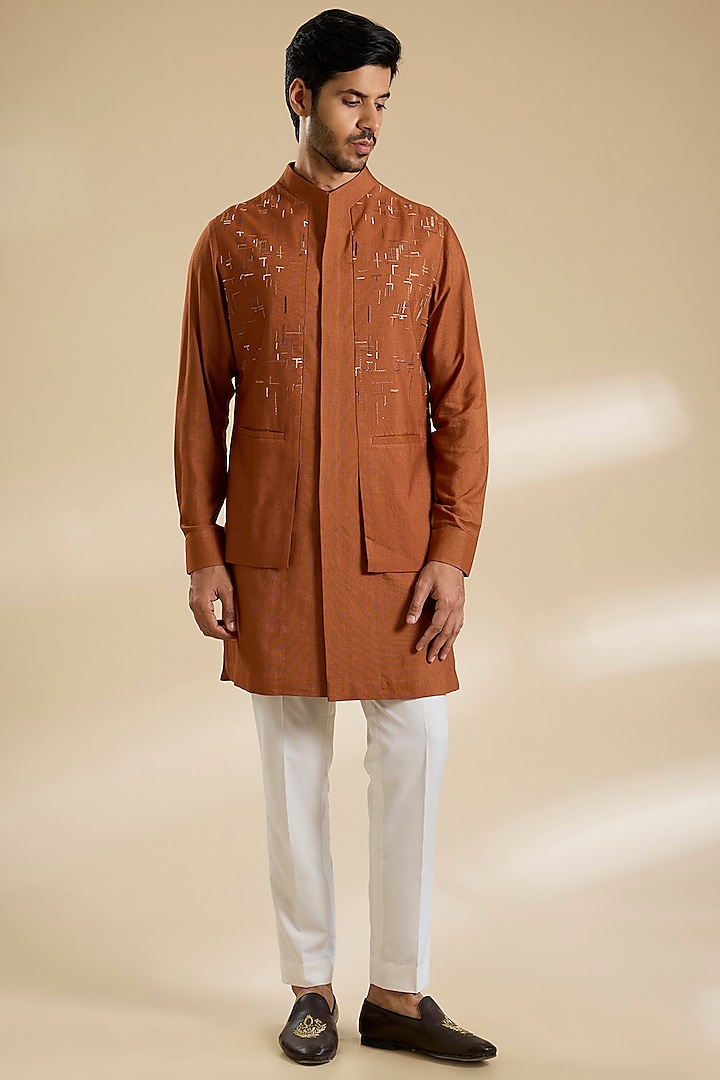 Burnt Orange Silk Kurta Set by Dhruv Vaish