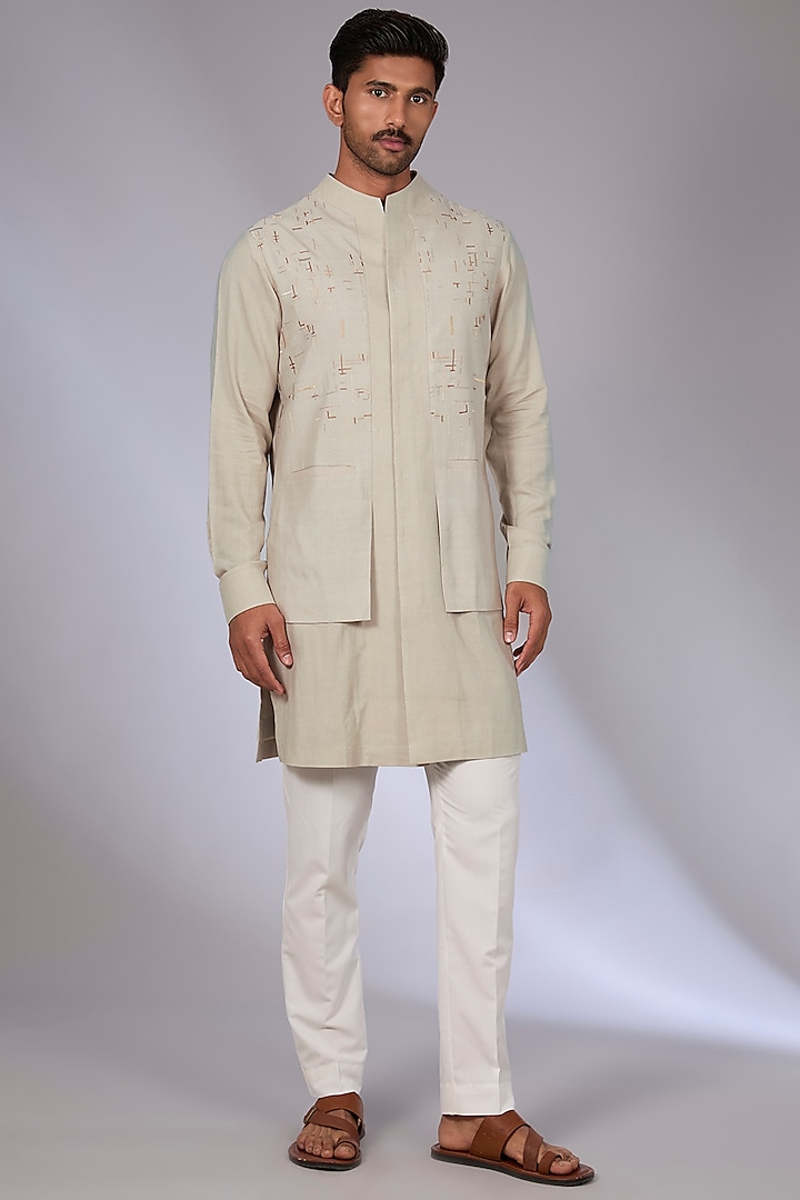 London Fog Cotton Silk Chanderi Kurta Set by Dhruv Vaish