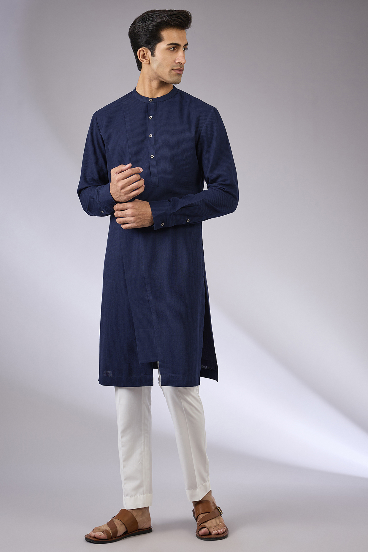 Navy Blue Cotton Silk Kurta Set by Dhruv Vaish
