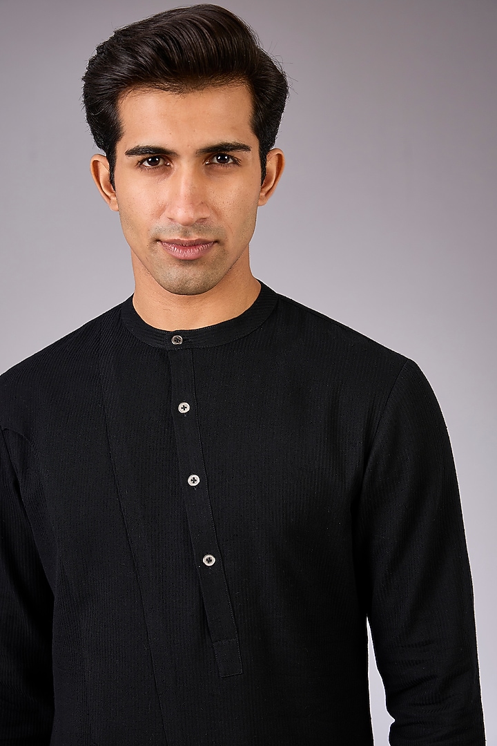 Black Cotton Silk Kurta Set by Dhruv Vaish at Pernia's Pop Up Shop