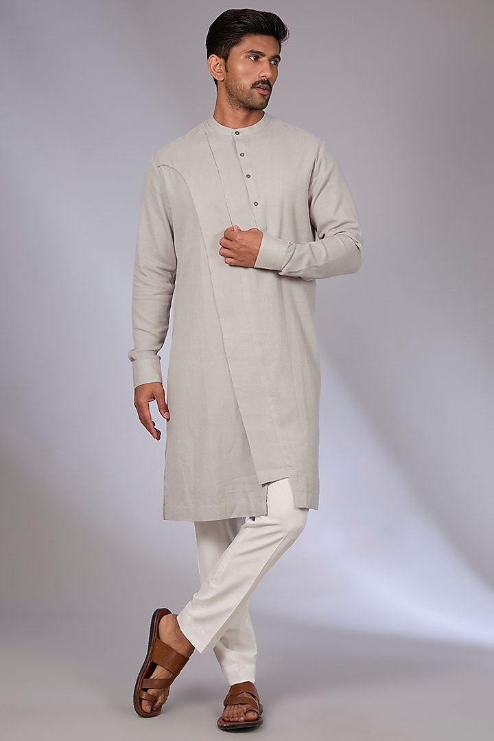 London Fog Cotton Silk Chanderi Kurta Set by Dhruv Vaish