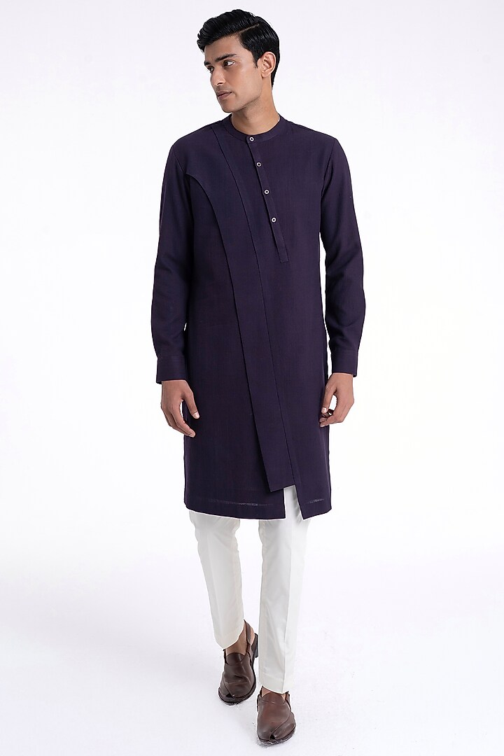 Midnight Purple Textured Cotton Silk Kurta Set by Dhruv Vaish