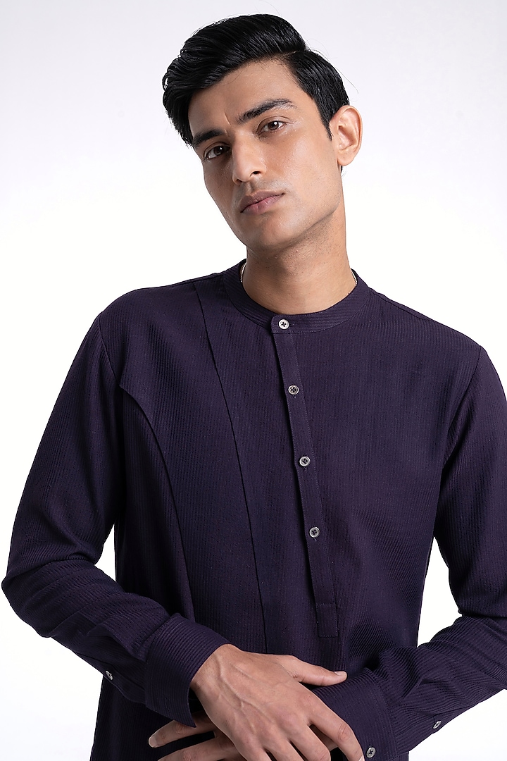Midnight Purple Textured Cotton Silk Kurta Set by Dhruv Vaish at Pernia's Pop Up Shop