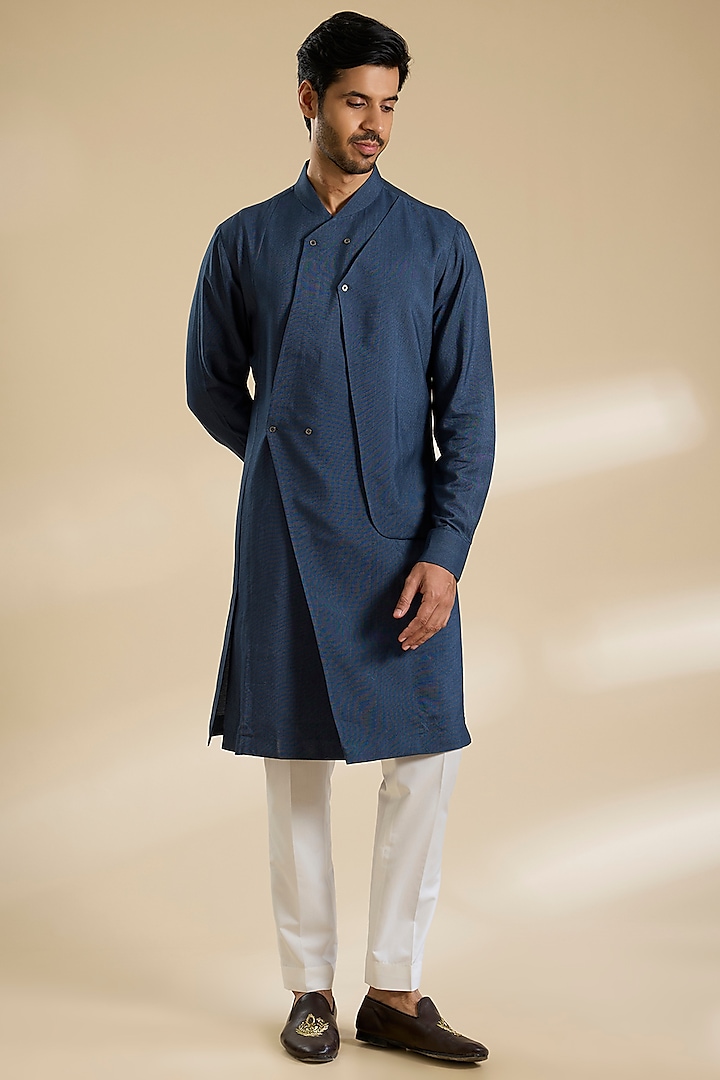 Whale Blue Silk Kurta Set by Dhruv Vaish