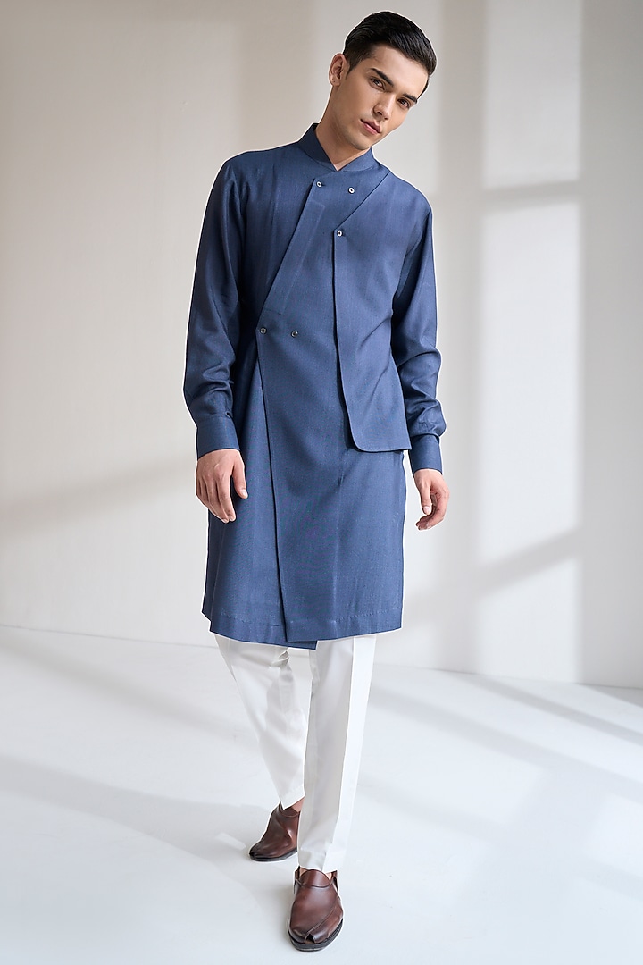 Whale Blue Cotton Silk Kurta Set by Dhruv Vaish at Pernia's Pop Up Shop