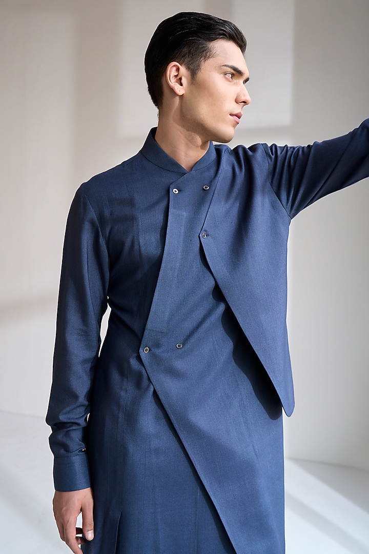 Whale Blue Cotton Silk Kurta Set by Dhruv Vaish at Pernia's Pop Up Shop