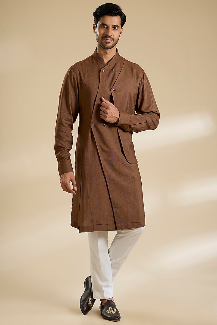 Dark Brown Silk Kurta Set by Dhruv Vaish