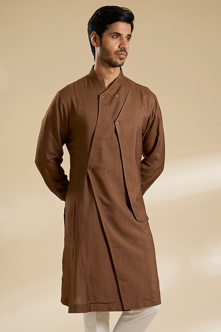 Dark Brown Silk Kurta Set by Dhruv Vaish at Pernia's Pop Up Shop
