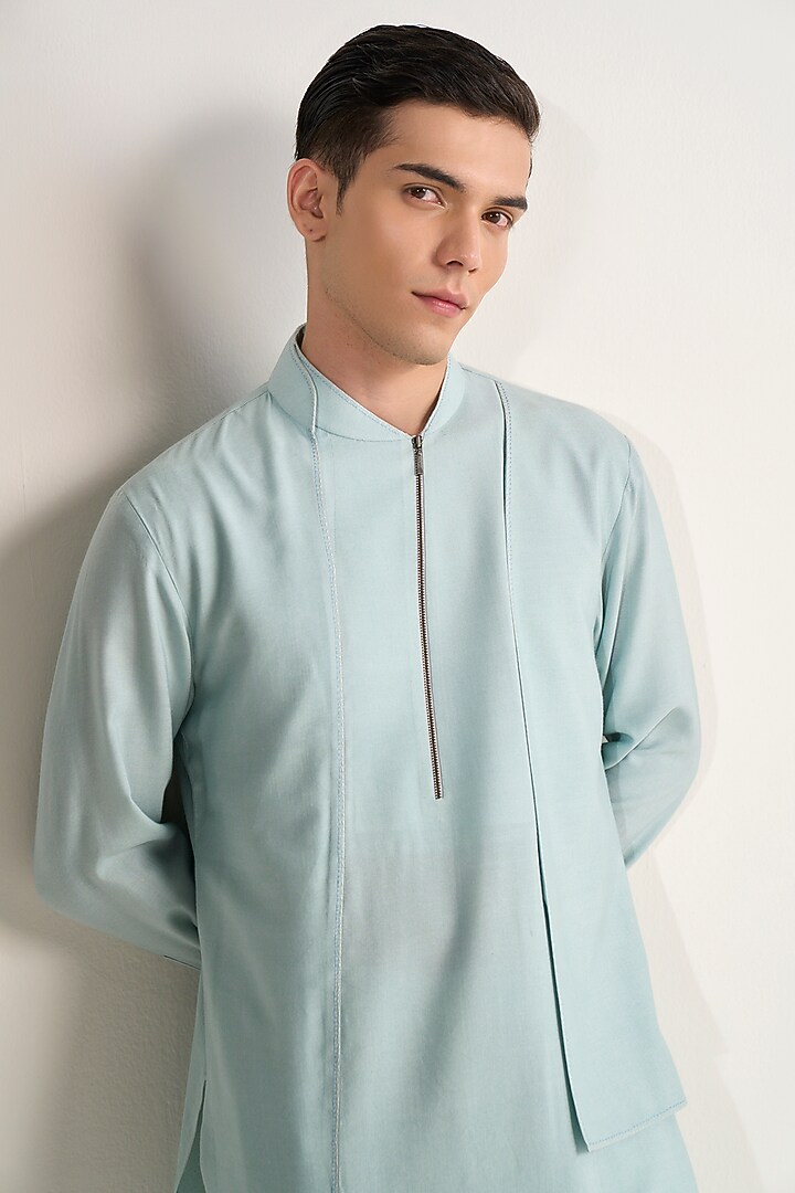 Powder Blue Cotton Silk Embroidered Kurta Set by Dhruv Vaish at Pernia's Pop Up Shop