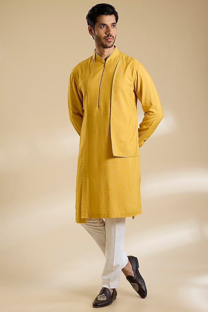 Marigold Yellow Silk Kurta Set by Dhruv Vaish