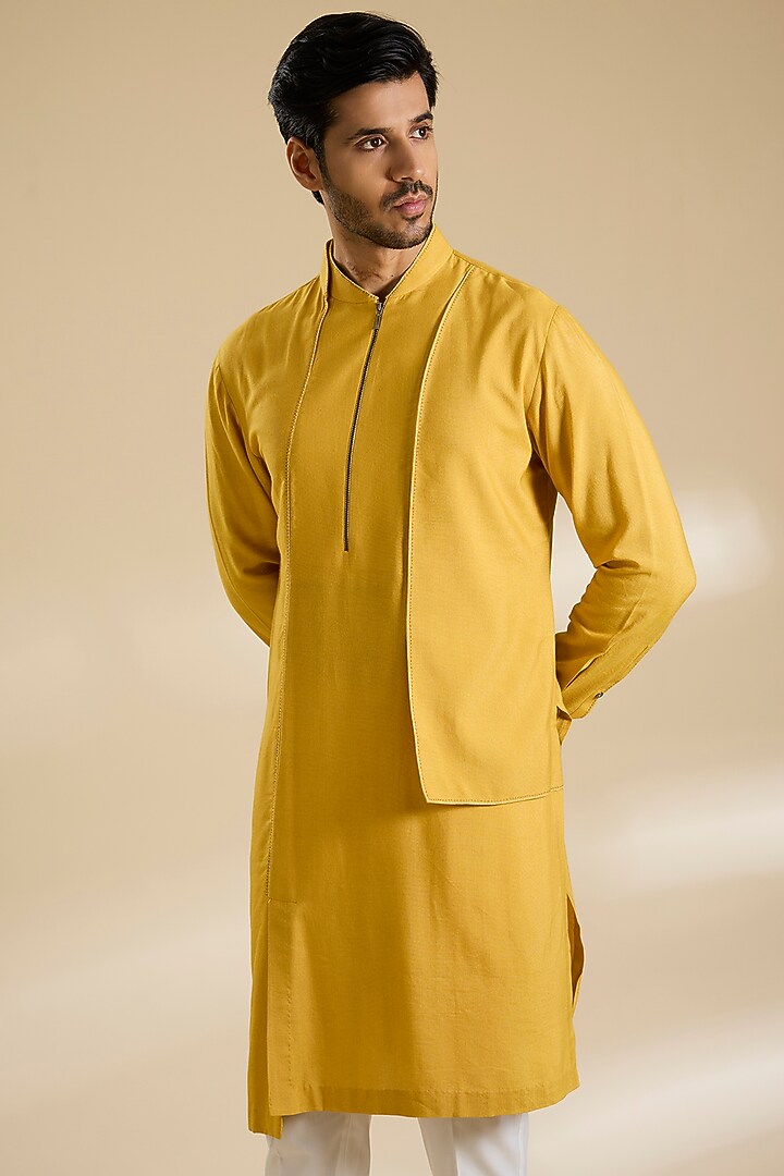 Marigold Yellow Silk Kurta Set by Dhruv Vaish at Pernia's Pop Up Shop