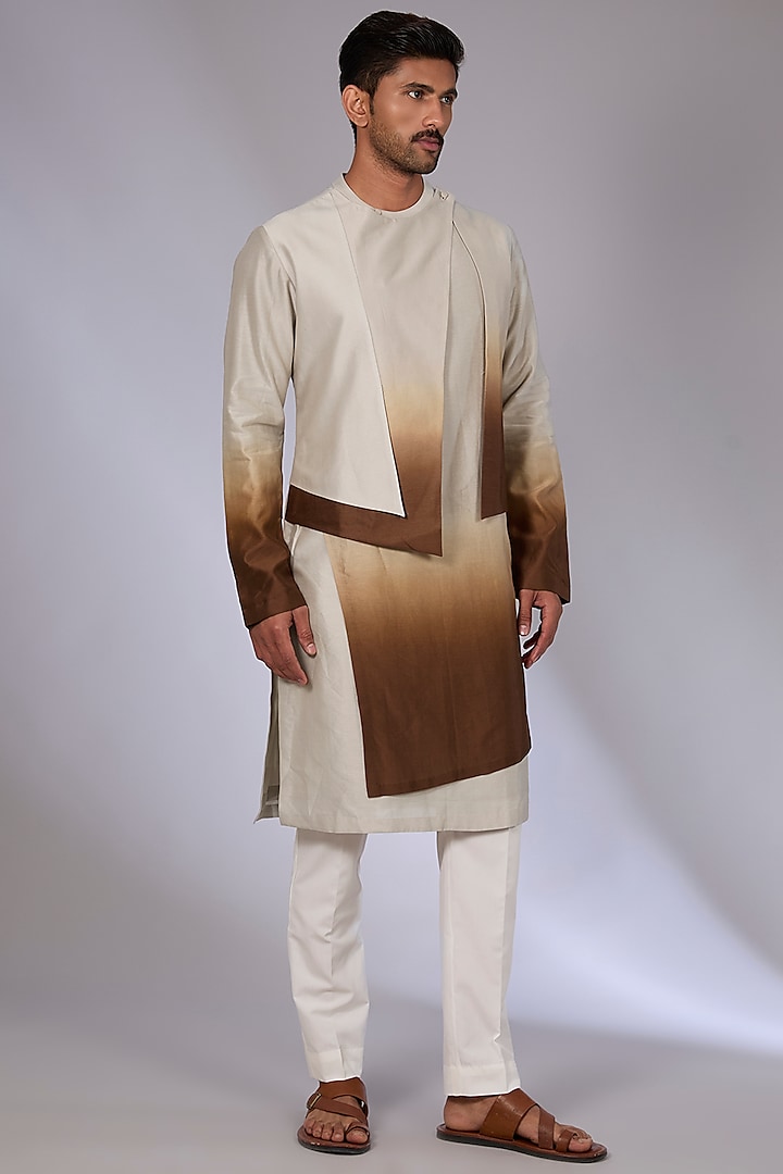 Fog Brown Cotton Silk Chanderi Kurta Set by Dhruv Vaish