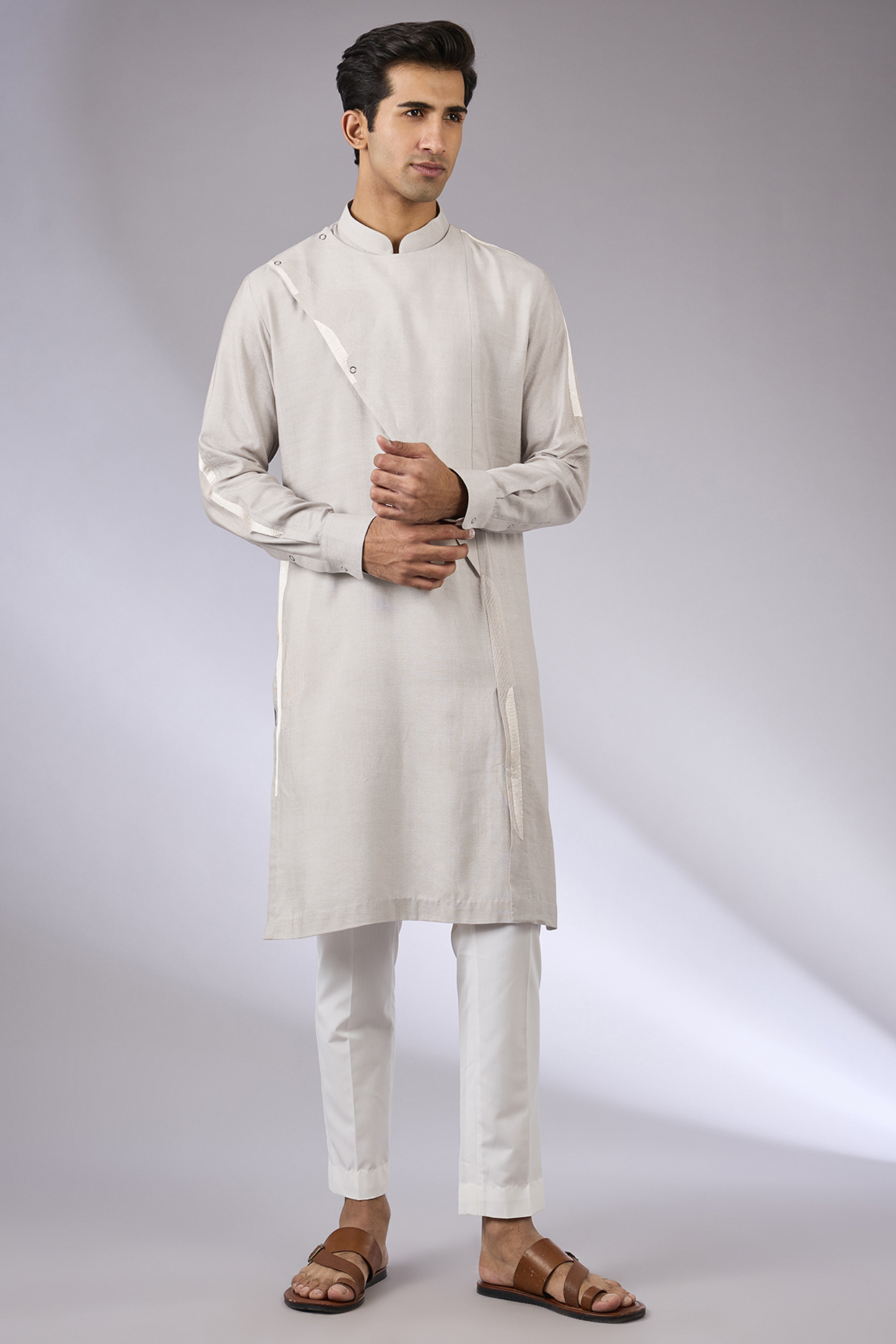 London Fog-Colored Cotton Silk Kurta Set by Dhruv Vaish