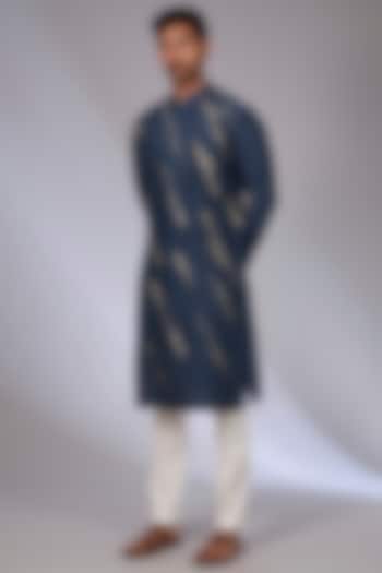 Whale Blue Cotton Silk Chanderi Kurta Set by Dhruv Vaish at Pernia's Pop Up Shop