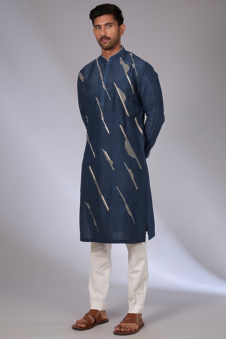 Whale Blue Cotton Silk Chanderi Kurta Set by Dhruv Vaish at Pernia's Pop Up Shop