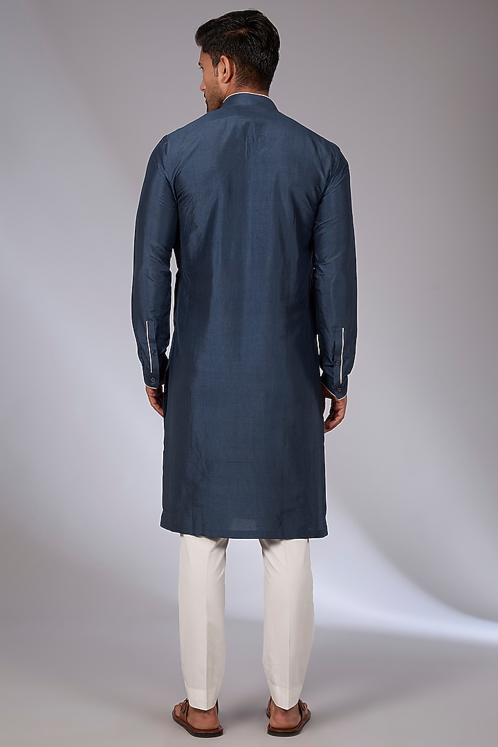 Whale Blue Cotton Silk Chanderi Kurta Set by Dhruv Vaish at Pernia's Pop Up Shop