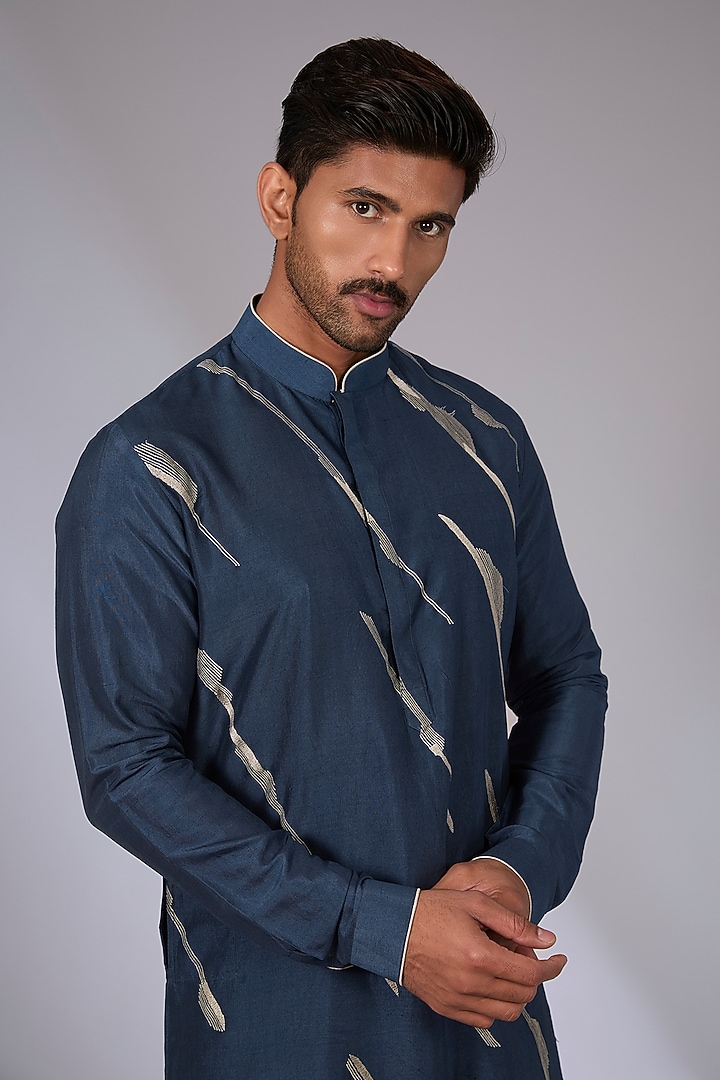 Whale Blue Cotton Silk Chanderi Kurta Set by Dhruv Vaish at Pernia's Pop Up Shop