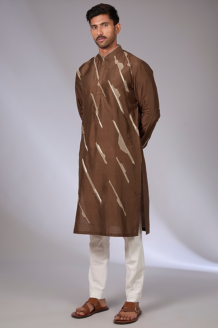 Dark Brown Cotton Silk Chanderi Kurta Set by Dhruv Vaish