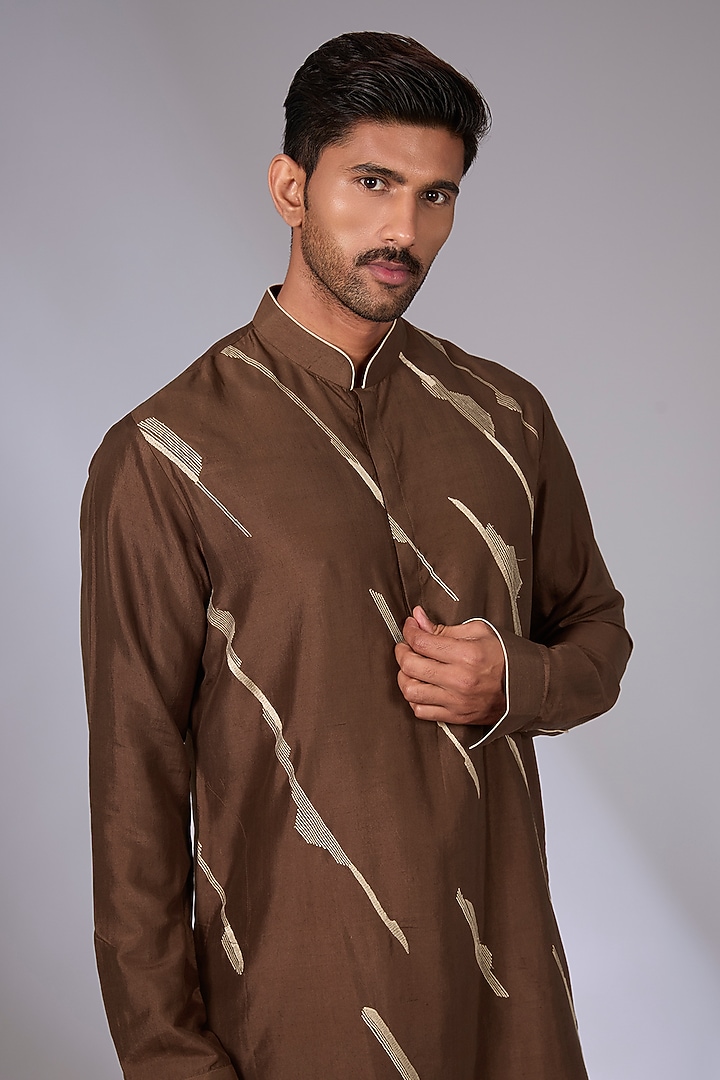 Dark Brown Cotton Silk Chanderi Kurta Set by Dhruv Vaish at Pernia's Pop Up Shop