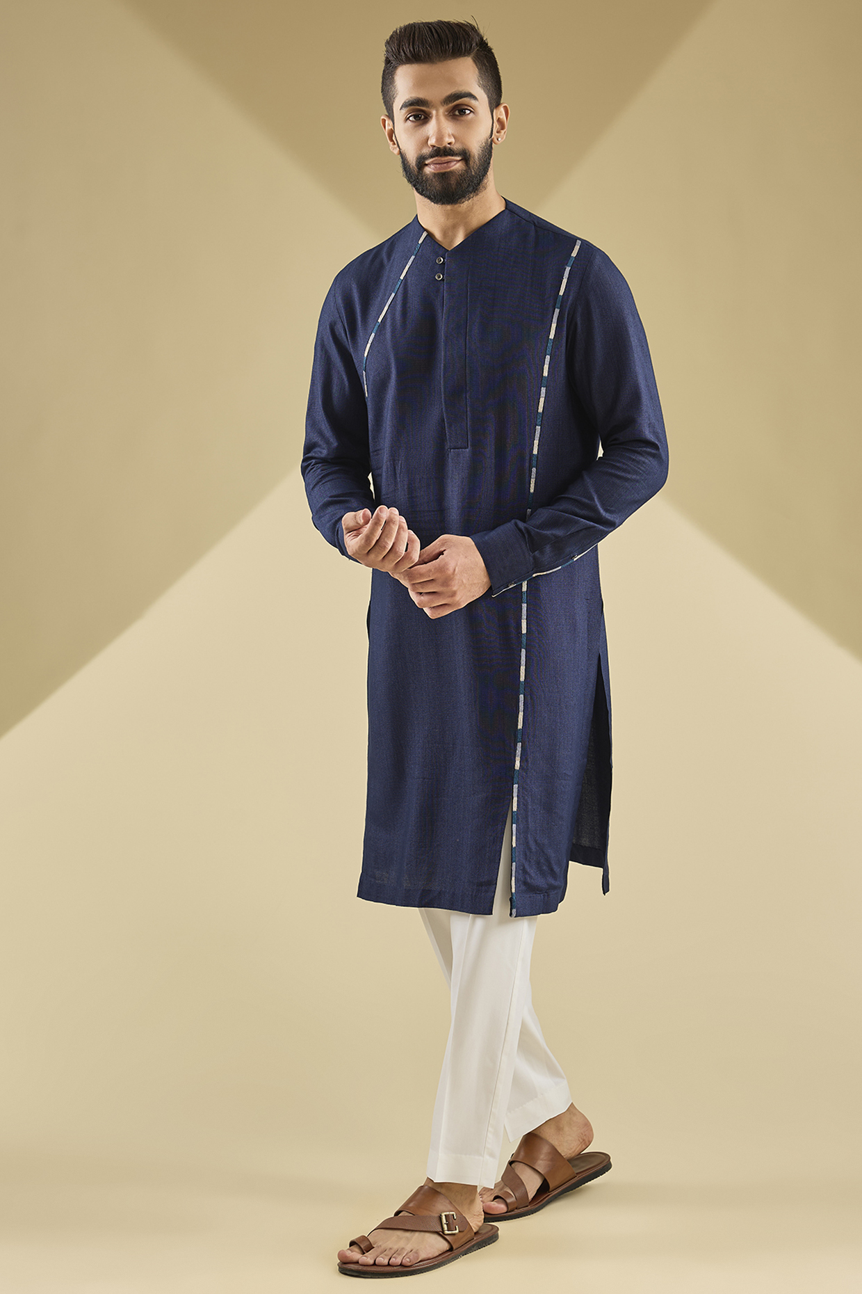 Navy Blue Cotton Silk Kurta Set by Dhruv Vaish