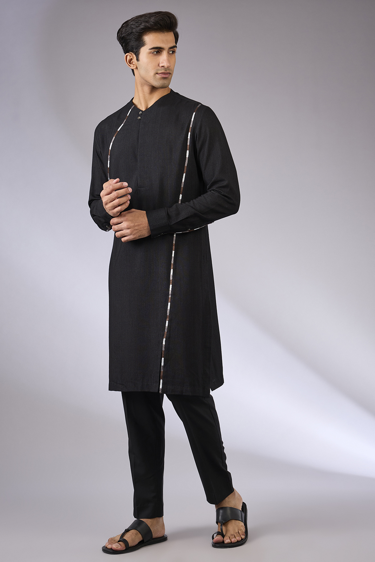 Black Cotton Silk Kurta Set by Dhruv Vaish
