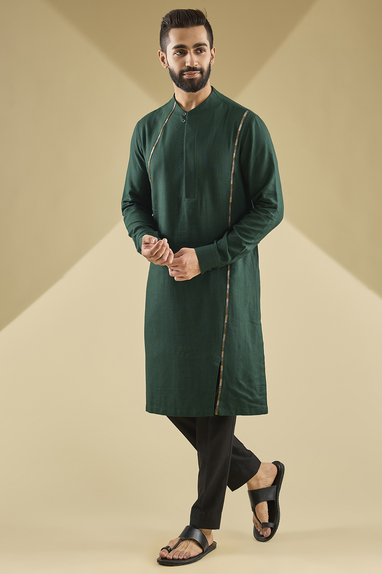 Bottle Green Cotton Silk Kurta Set by Dhruv Vaish