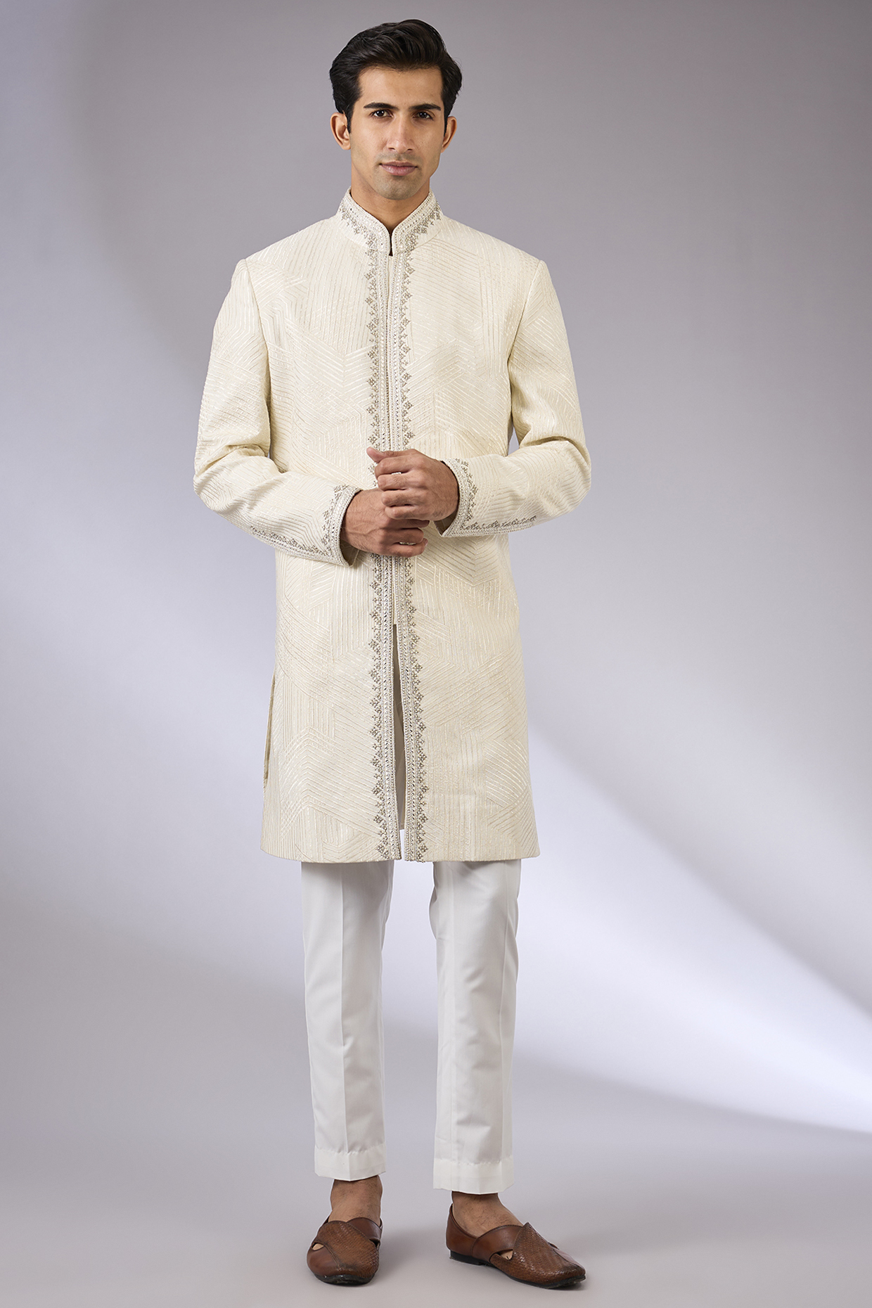 Ivory Silk Sherwani Set by Dhruv Vaish