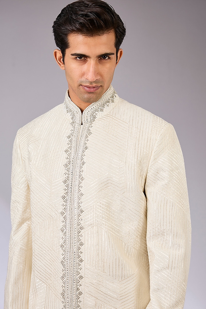 Ivory Silk Groom Sherwani Set by Dhruv Vaish at Pernia's Pop Up Shop
