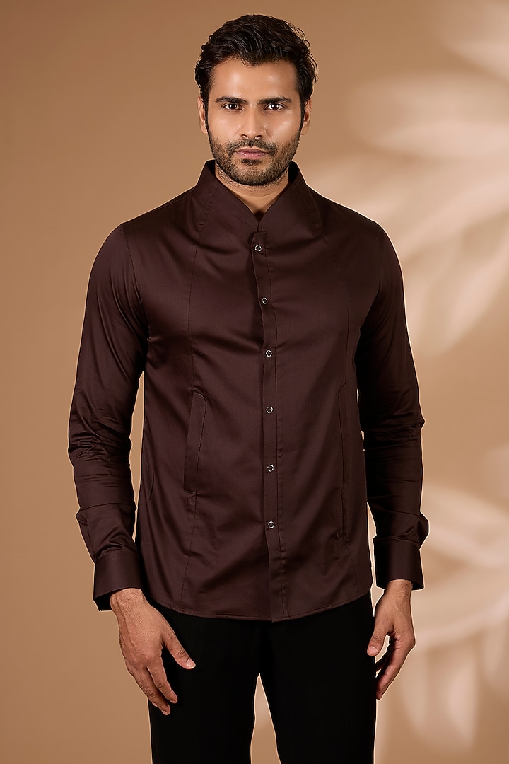 Dark Brown Cotton Satin Party Wear Shirt by Dhruv Vaish at Pernia's Pop Up Shop