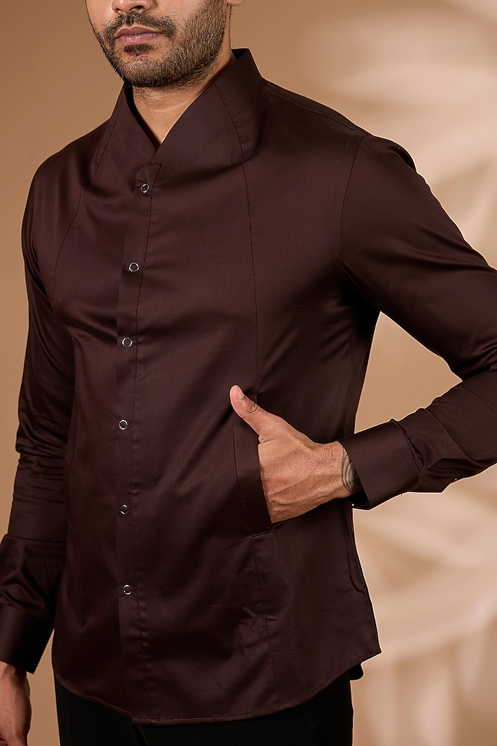 Dark Brown Cotton Satin Party Wear Shirt by Dhruv Vaish at Pernia's Pop Up Shop