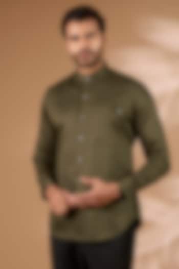 Olive Cotton Satin Shirt by Dhruv Vaish