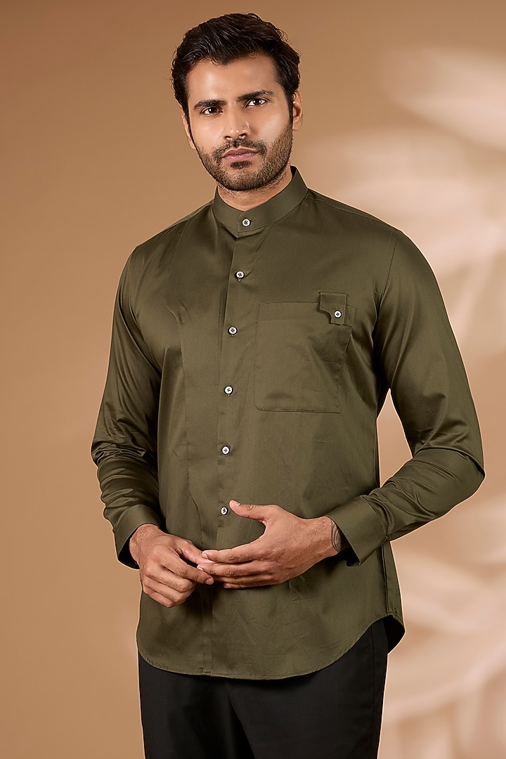 Olive Cotton Satin Shirt by Dhruv Vaish