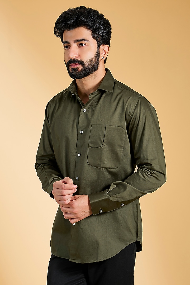 Olive Green Cotton Satin Shirt by Dhruv Vaish