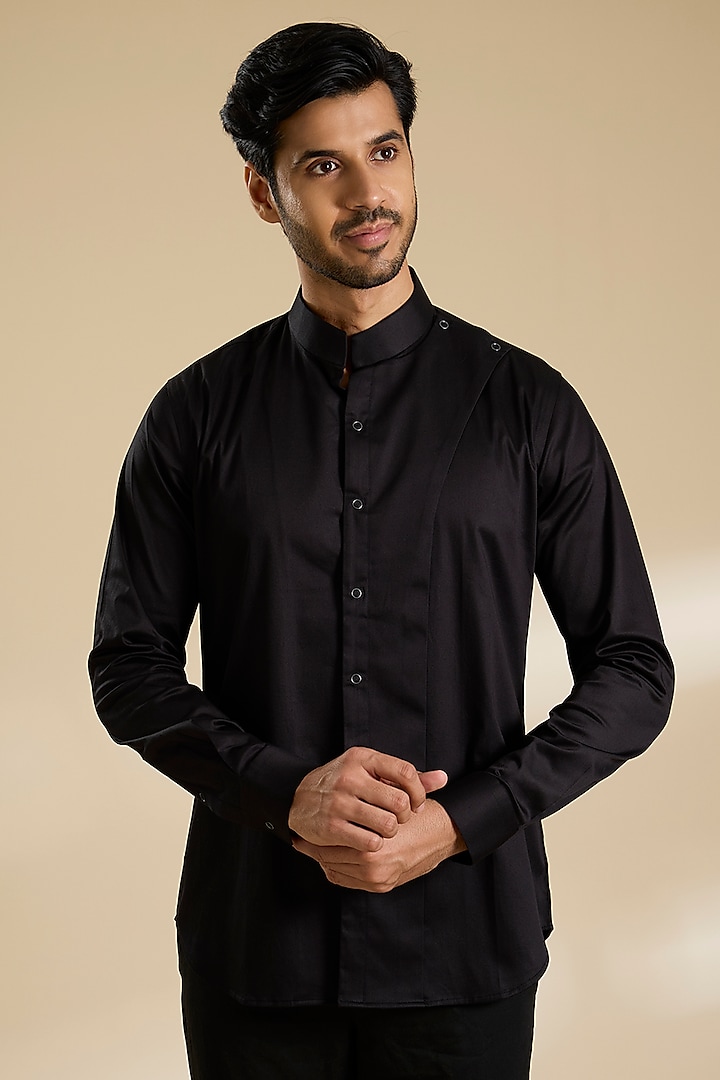 Black Cotton Satin Shirt by Dhruv Vaish