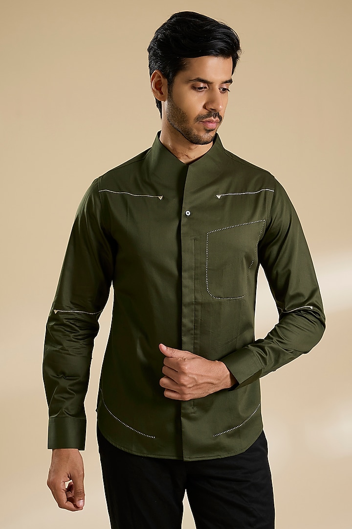 Olive Cotton Satin Shirt by Dhruv Vaish