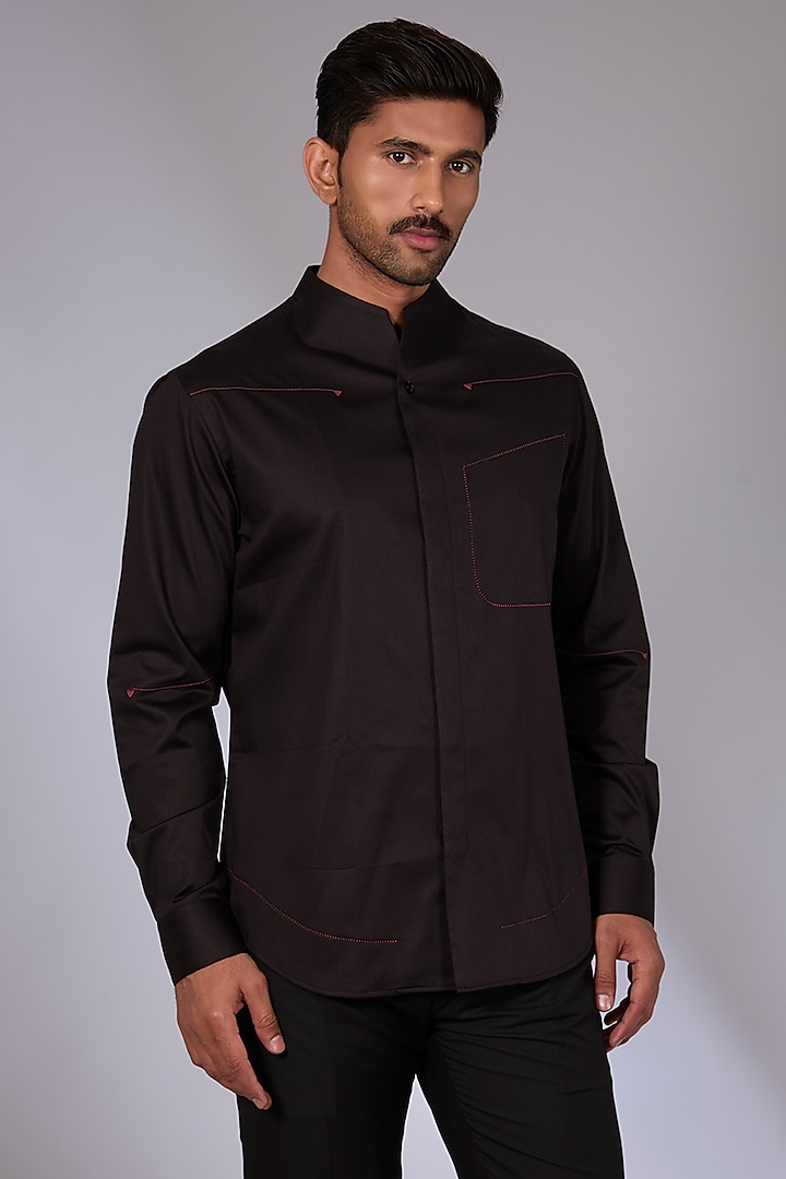 Black Cotton Satin Shirt by Dhruv Vaish