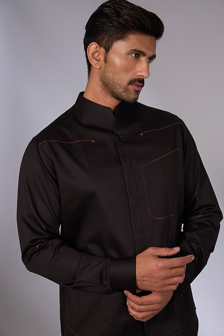 Black Cotton Satin Party Wear Shirt by Dhruv Vaish at Pernia's Pop Up Shop