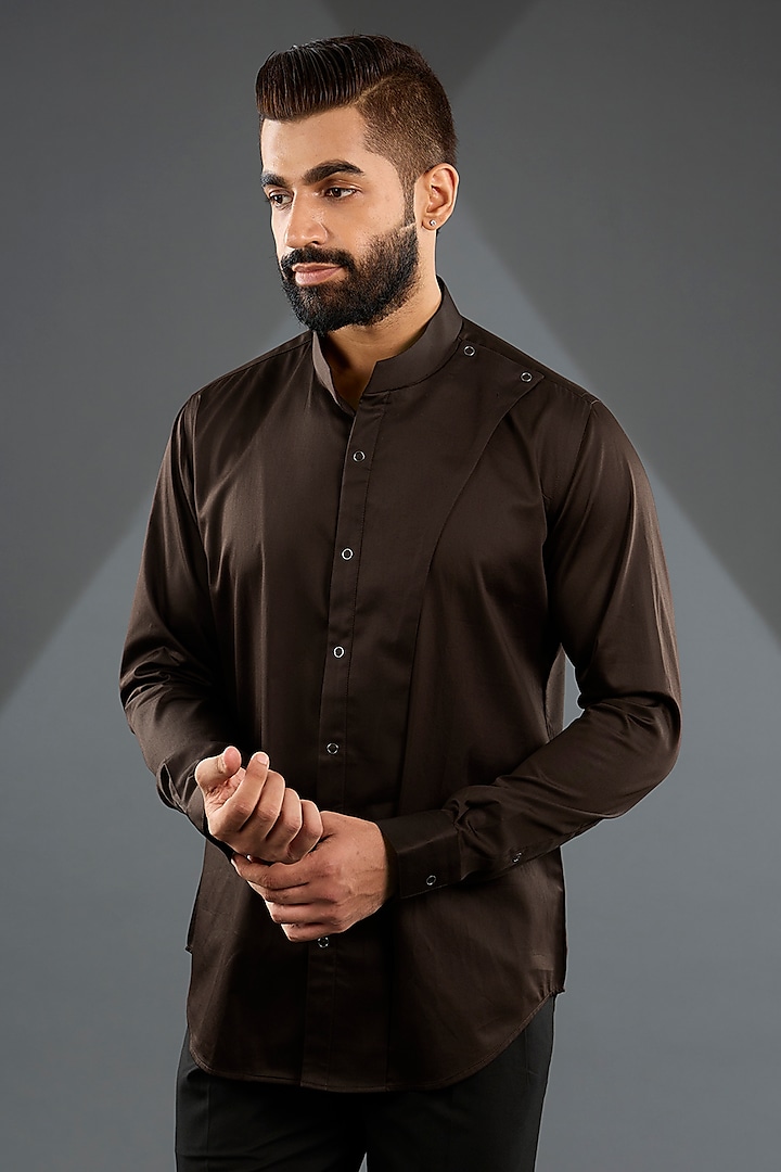 Dark Brown Cotton Satin Shirt by Dhruv Vaish