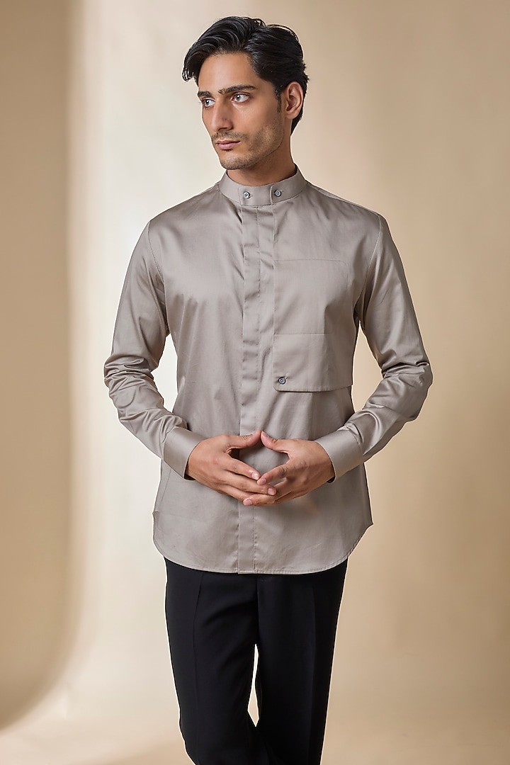 Mushroom-Colored Cotton Satin Party Wear Shirt by Dhruv Vaish at Pernia's Pop Up Shop