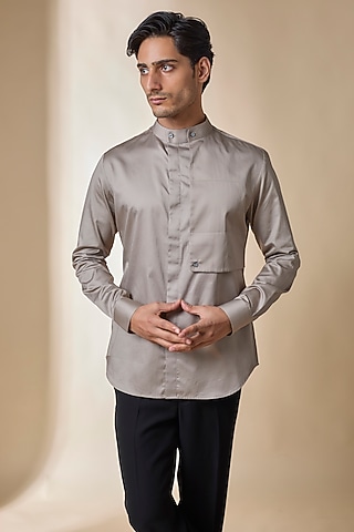 Mushroom-Colored Cotton Satin Shirt by Dhruv Vaish
