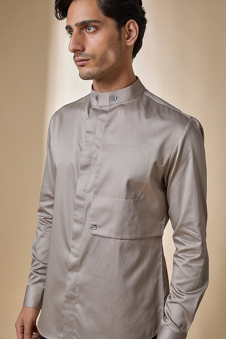 Mushroom-Colored Cotton Satin Party Wear Shirt by Dhruv Vaish at Pernia's Pop Up Shop